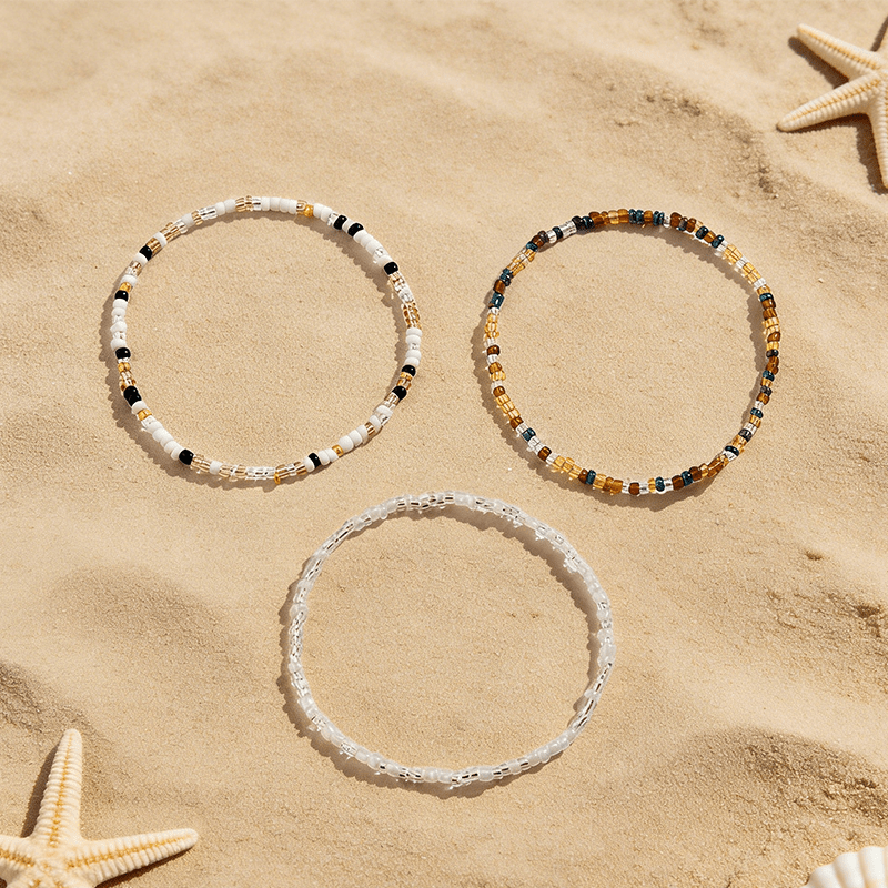 3pcs Summer Bohemian Style Mixed Color Rice Bead Anklet Set